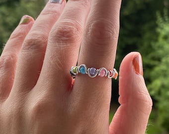 Multicolour braided bead wire ring UK, customisable jewelry, Gift for her