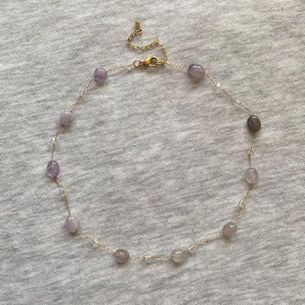 Amethyst beaded necklace UK, stainless steel, gemstone jewelry