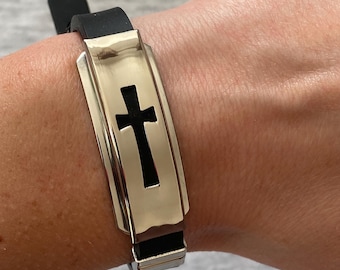 Men's Stainless Steel Cross Bracelet: Black Silicone Watch Strap