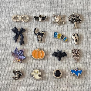 以下が含まれることがあります： 様々な形と色のハロウィーンをテーマにしたチャームのコレクション。黒猫、カボチャ、コウモリ、スカル、ゴースト、フクロウ、そして「BOOO」と書かれたチャームが含まれています。チャームはシルバー、ブラック、オレンジ、ホワイトです。