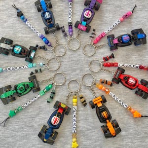 personalised racing car keyring, UK Keychain, F1 inspired mini car, Lego mini, formula one, gemstone, name, back to school bag charm