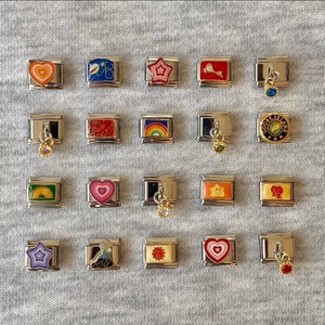 Y2K Enamel Italian charm bracelet links UK, 9mm classic silver stainless steel charms