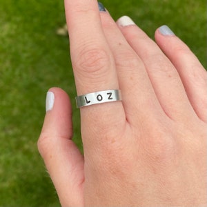 Hand stamped custom ring uk, cuff ring, personalised, name, date, adjustable