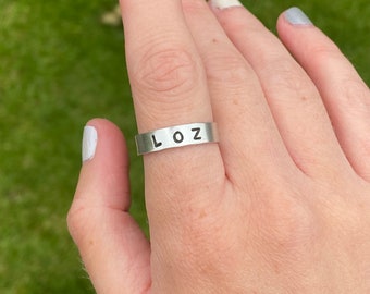 Hand stamped custom ring uk, cuff ring, personalised, name, date, adjustable