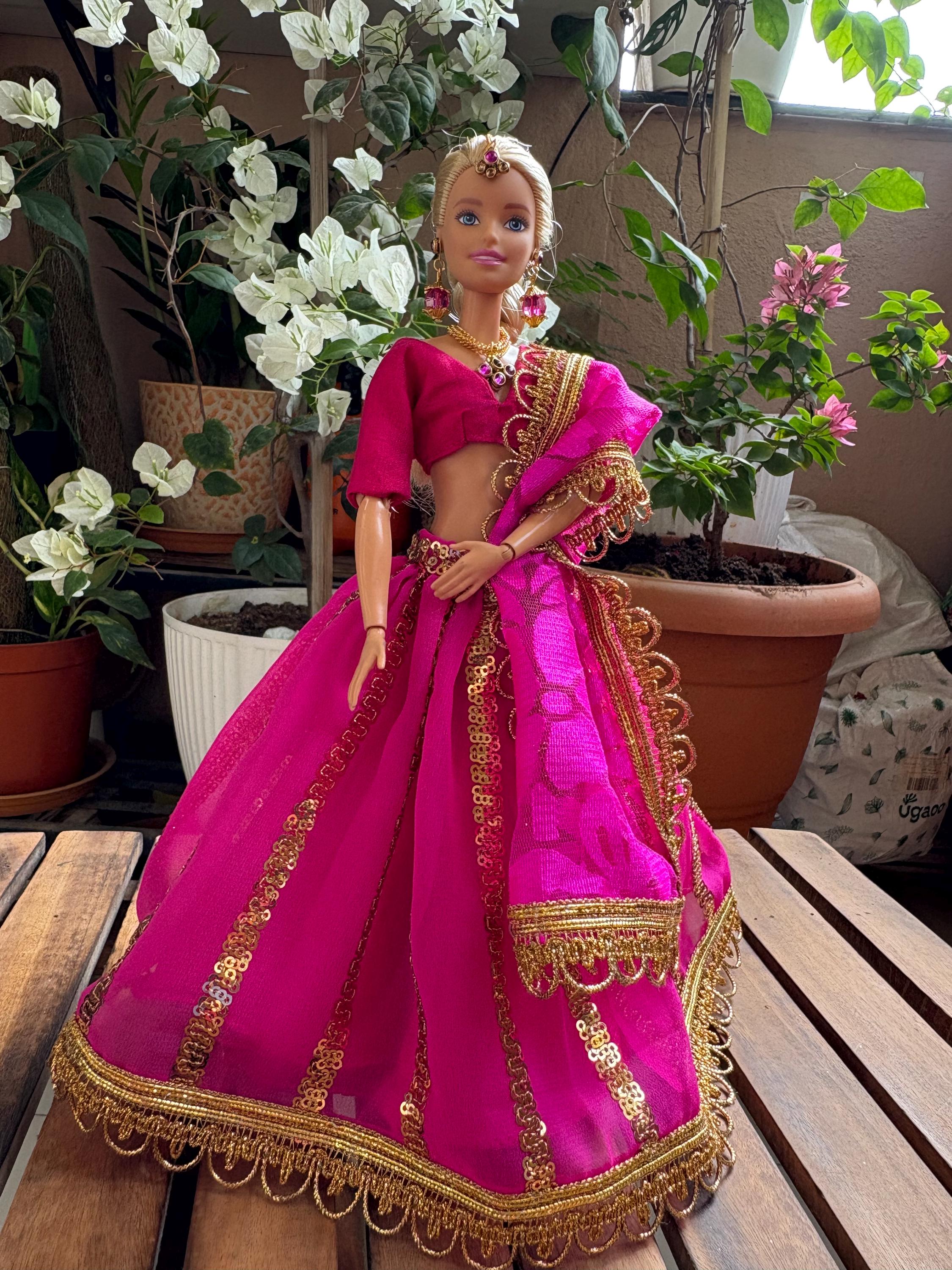 Pink Polka Dot Lehenga with Ruffle Trim and Gold Lace