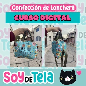 Puede incluir: Dos loncheras con fondo turquesa y estampado de café. Las bolsas tienen un asa superior y una correa para el hombro. El texto en la bolsa dice "First coffee then I do the things". La imagen también incluye el texto "Confección de Lonchera CURSO DIGITAL".