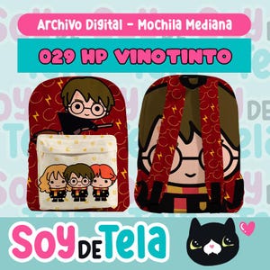 May include: A red backpack with a repeating pattern of glasses and lightning bolts. The front features a cartoon image of a boy with glasses and a lightning bolt scar, and a pocket with three cartoon characters. The text "029 HP VINOTINTO" is displayed.