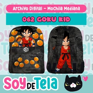 May include: Black backpack featuring a graphic of Goku Kid in a red and orange outfit, surrounded by golden dragon balls. The backpack has a front pocket with the kanji symbol and the text "062 GOKU KID".