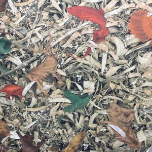 May include: A camouflage pattern featuring a brown deer, green leaves, and red and brown leaves. The pattern is on a white background.