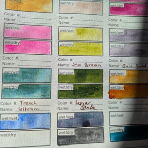May include: A watercolor swatch chart printed on white paper with multiple rectangular boxes for color testing. Each box is divided into wet/wet and wet/dry sections, showing various pigment shades including yellow, pink, green, blue, and black.