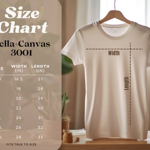 May include: Size chart for Bella + Canvas 3001 t-shirts, showing width and length measurements in inches for sizes XS to 3XL.  The chart indicates that the shirts fit true to size.