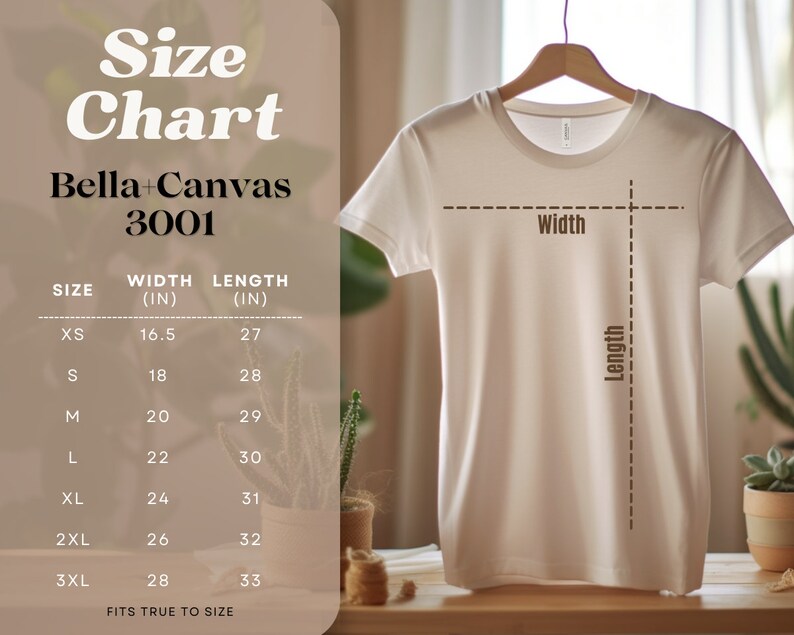 May include: Size chart for Bella + Canvas 3001 t-shirts, showing width and length measurements in inches for sizes XS to 3XL.  The chart indicates that the shirts fit true to size.