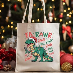 Dinosaur  Christmas Tote Bag, Christmas Dinosaur Gift Bag, Dinosaur Wearing a Santa Hat, Fa Rawr Rawr, Dinosaur Christmas Gift Bag For Boys