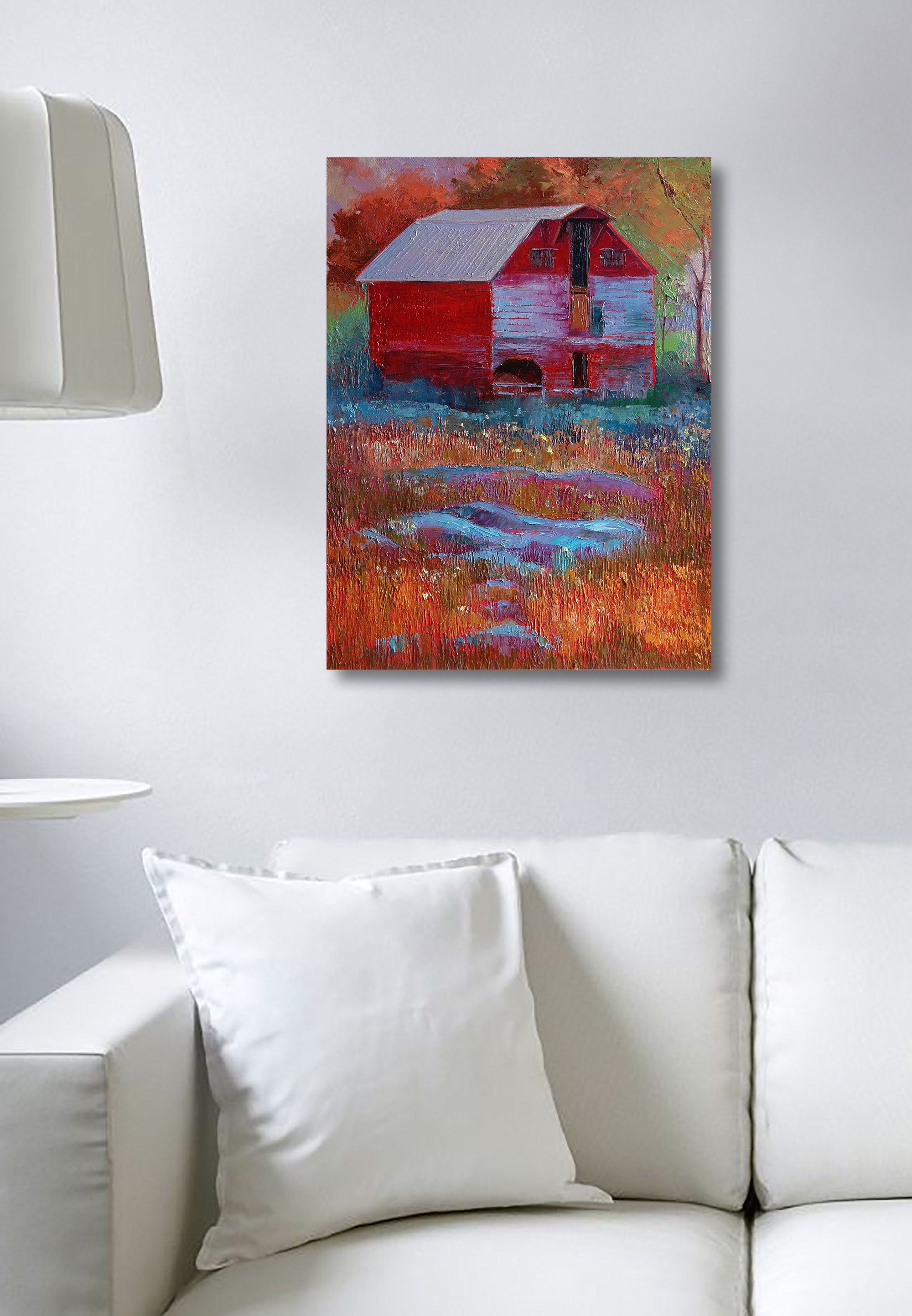 Landscape Red barn original oil painting on canvas impasto Etsy