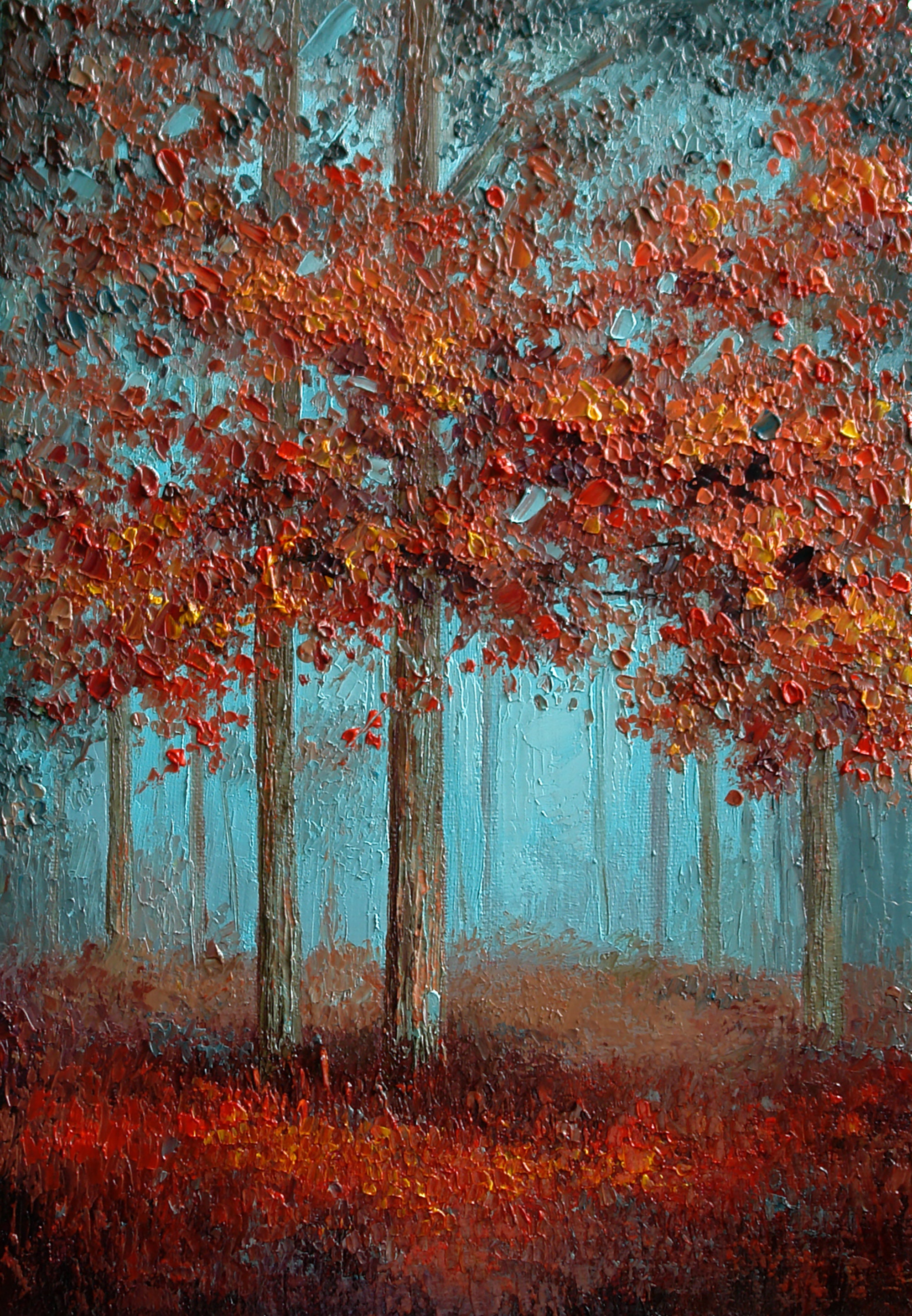 Autumn Fog Red Forest Original Painting Oil on Canvas Mini Etsy