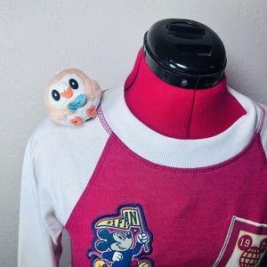 May include: A maroon and white raglan sweatshirt with a Mickey Mouse patch that says "#1 FAN". A small plush owl sits on the shoulder. The sweatshirt is displayed on a pink dress form.