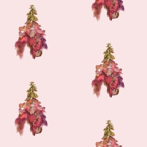 May include: A repeating pattern of stylized floral illustrations. Each illustration features a green, brown, pink, and purple colour palette. The background is a soft, light pink. The overall theme is botanical.
