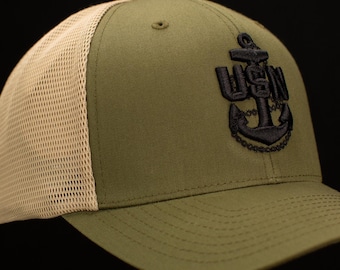 Navy Chief Trucker Hat - Olive Green - Khaki Mesh