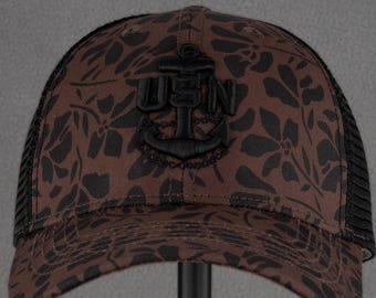 Navy Chief Ponytail Hat: Chocolate Floral/ Black