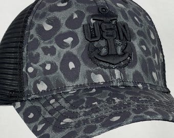 Navy Chief Ponytail Hat: Black Leopard