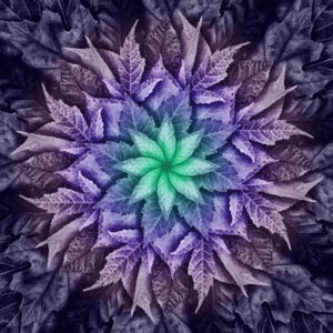 Peut inclure: Composition symétrique de feuilles aux tons violets, bleus et verts. Les feuilles sont disposées en cercle, formant une fleur au centre. Le fond est d'un violet plus foncé, créant un contraste visuel.