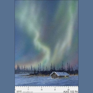 May include: A painting of a wooden cabin in a snowy landscape with a vibrant green and blue aurora borealis in the sky. The cabin has a wooden roof and a single window. The sky is a deep blue with hints of purple and pink.