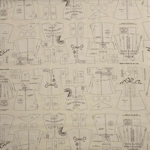 May include: A beige fabric with a repeating pattern of sewing instructions and diagrams. The text includes "White Spool" and "Needles".