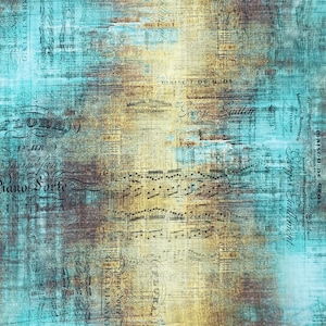 May include: A vintage-style background with a faded blue and yellow colour scheme. The background features a musical score with notes and lyrics, along with text in French and English. The text includes the words "Piano Forte", "Flora", and "George Sitten".