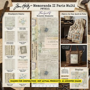 May include: A collage of vintage-style fabric and design elements. The image features various paper ephemera, floral sprays, and a quilt and tote bag made from the fabric. Text includes "Memoranda II Paris Multi" and "FreeSpirit Fabric".