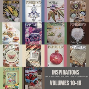 Może przedstawiać: Kolekcja magazynów "Inspirations", Tomy 10-18, prezentujących projekty haftu. Okładki prezentują różne wzory, w tym motywy kwiatowe, owady i tematy sezonowe. Magazyny są wyświetlane w siatce, podkreślając zróżnicowaną zawartość.