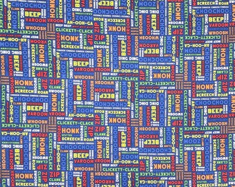 May include: A blue background with a repeating pattern of colorful words, including "honk", "beep", "zoom", "vroom", "zip", "clickety-clack", and "all aboard".