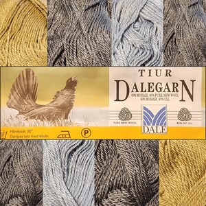 May include: A skein of yarn in three colors: light blue, gray, and gold. The yarn is labeled "Tiur Dalegarn" and is made of 60% mohair and 40% pure new wool. The label also includes the Dale logo and the text "Pure New Wool" and "Ren Ny Ull".