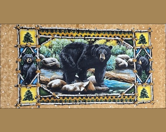 Pannello trapuntato con orso nero: scena naturalistica di Cynthie Fisher - Tessuto di cotone OOP