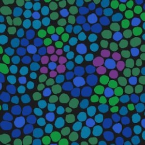 Puede incluir: Un patrón sin costuras de círculos azules, verdes y morados sobre un fondo negro. Los círculos son de diferentes tamaños y están dispuestos en un patrón aleatorio.