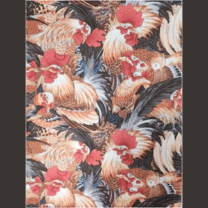 May include: A colorful fabric with a repeating pattern of roosters. The roosters are depicted in a variety of poses, with their feathers in shades of brown, red, black, and white.