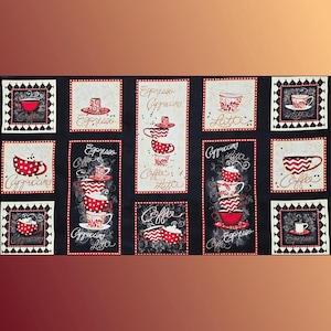 May include: A decorative panel featuring coffee-themed designs. The panel has a black background with red and white coffee cups and the words "Espresso," "Cappuccino," and "Latte." The cups have polka dots and floral patterns.