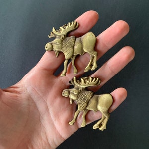 May include: Two gold-colored moose figurines, standing side-by-side on a hand.