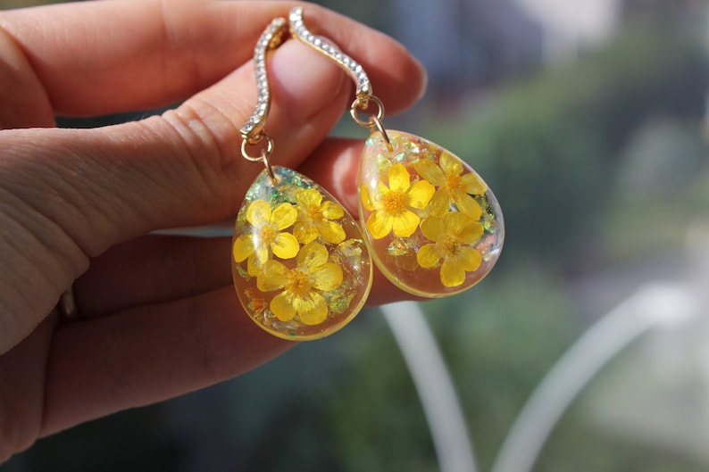 Real Flower Resin earrings Yellow Pressed Flower Earrings Etsy