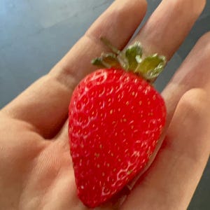 May include: A single, ripe red strawberry with green leaves in a hand.