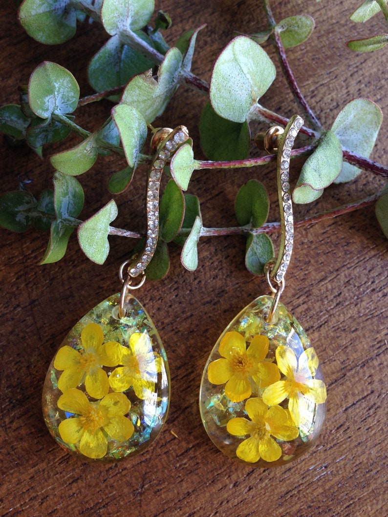 Real Flower Resin earrings Yellow Pressed Flower Earrings Etsy