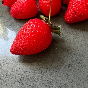 May include: A close-up of a group of red strawberries on a gray surface. The strawberries are arranged in a semi-circle, with the largest strawberry in the center.