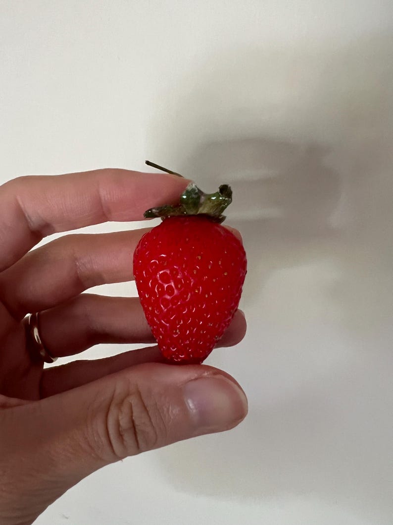 May include: A single, bright red strawberry with a green leafy top. The strawberry is held in a hand.