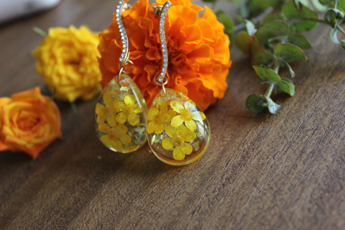Real Flower Resin earrings Yellow Pressed Flower Earrings Etsy