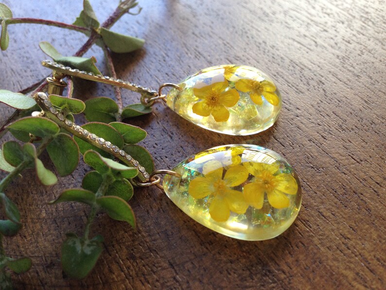 Real Flower Resin earrings Yellow Pressed Flower Earrings Etsy