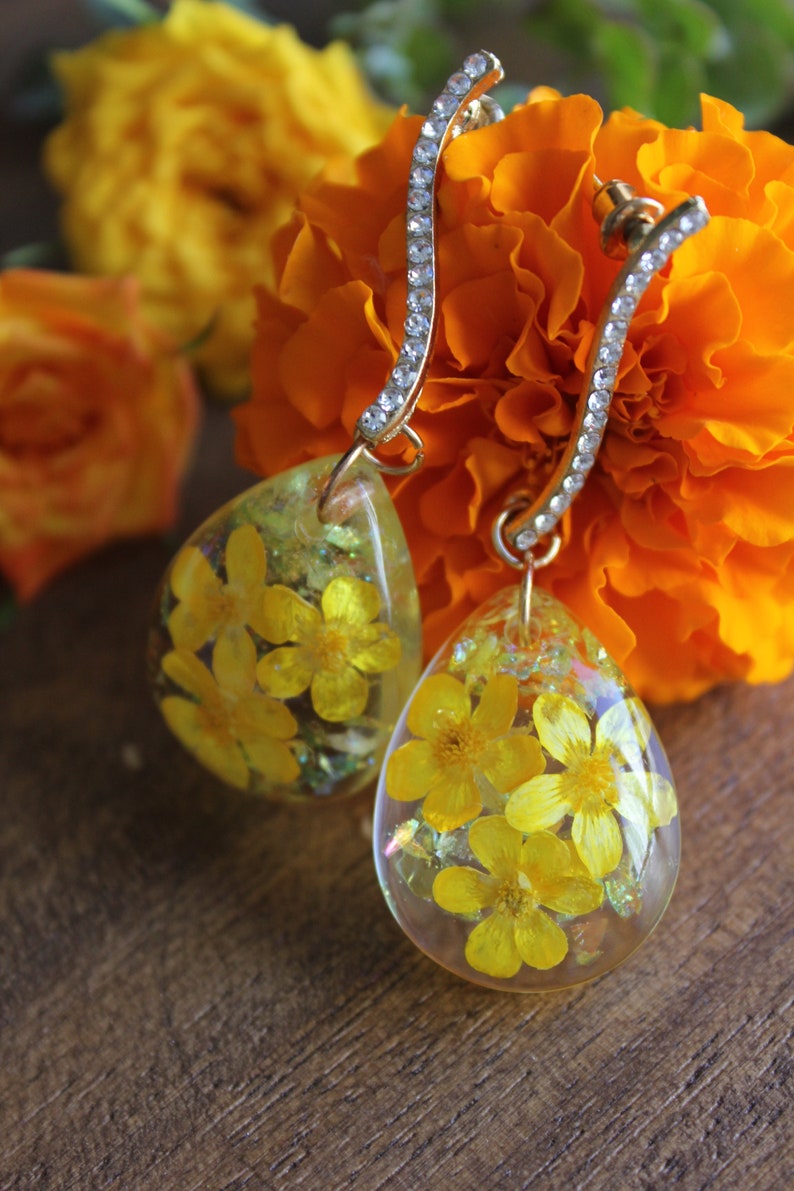 Real Flower Resin earrings Yellow Pressed Flower Earrings Etsy