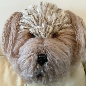 May include: A soft toy dog head with brown eyes, a black nose, and light brown and white fur. The dog's fur is textured and curly, with the ears and face in a light brown colour. The dog's eyes are dark brown and appear to be looking directly at the viewer.