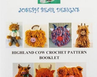 Highland Cow crochet pattern booklet - 7 patterns. Cushions, Tea Cosy, Handbag.Etc