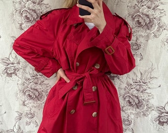 Vintage red trench coat, elegant belted women’s trench