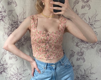 Vintage style handmade pink floral print sleeveless crop top