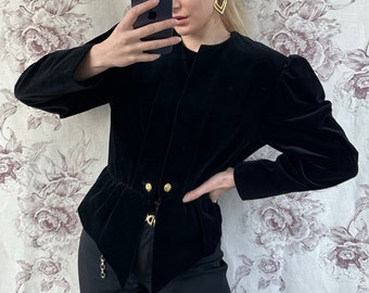 Vintage black velvet jacket, elegant women’s blazer with puffed sleeve